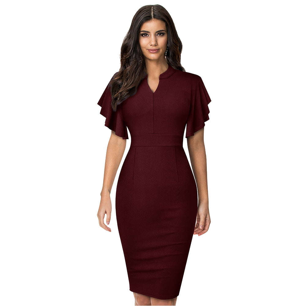 Womens Midi Pencil Dress with Ruffled Sleeves