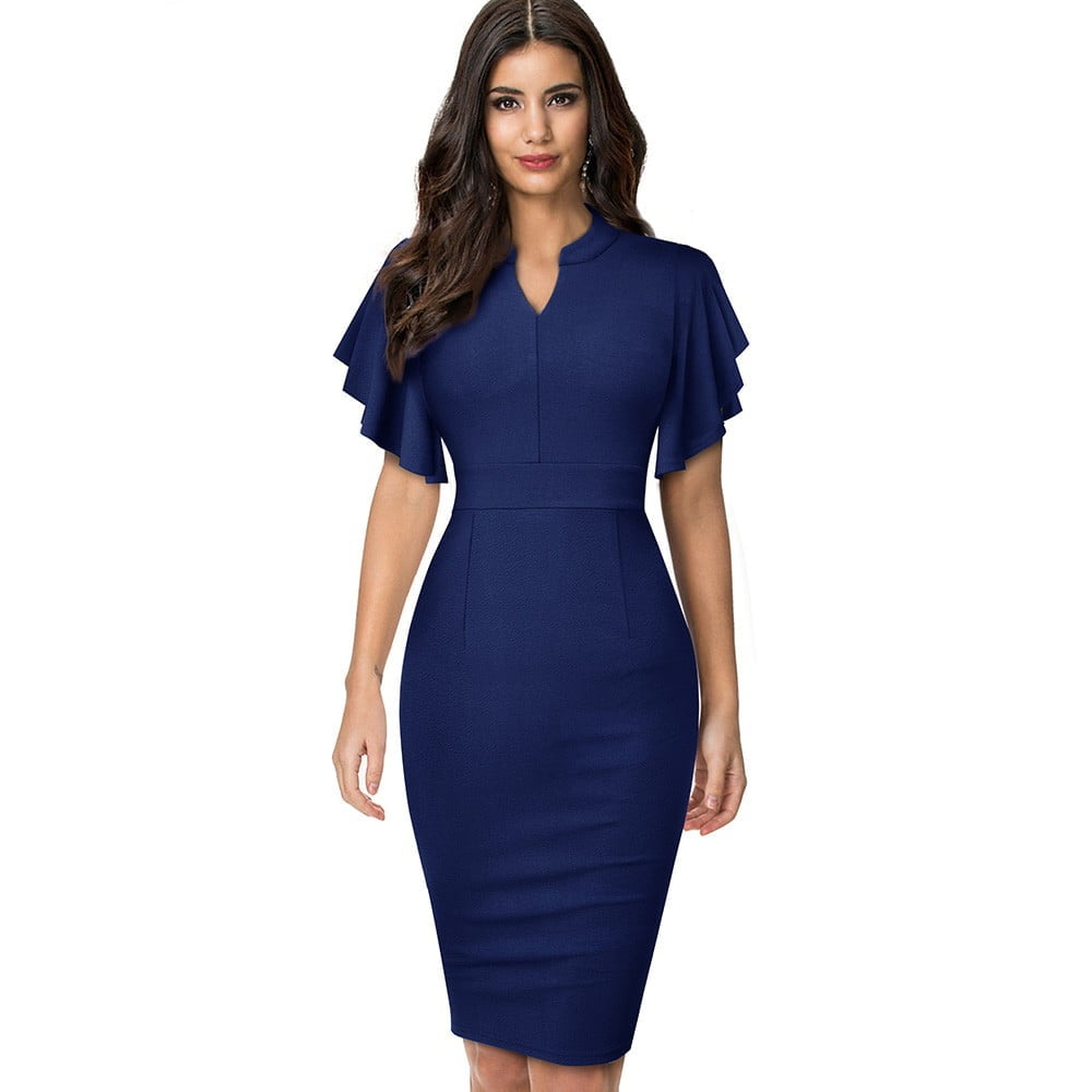 Womens Midi Pencil Dress with Ruffled Sleeves Womens Midi Pencil Dress with Ruffled Sleeves