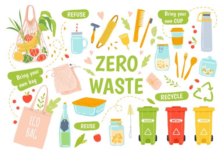 Ecology reusables. Zero waste, recycle and reusable products. Wooden toothbrush and hairbrush, glass jars, keep cap and eco grocery bag vector illustration set. Waste sorting. Refuse plastic idea