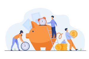 rich-people-keeping-cash-and-clocks-in-piggy-bank-vector-illustration-for-time-is-money