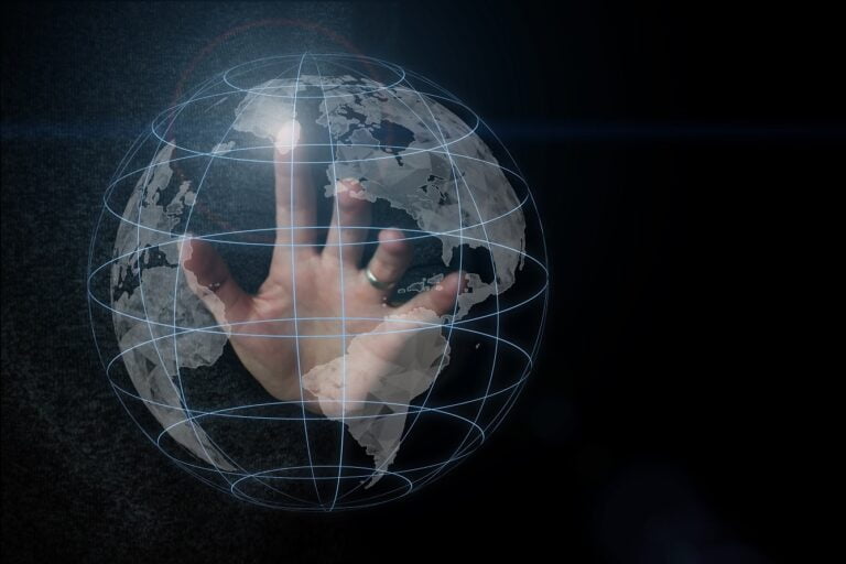 Picture concept of Internet network for fast data exchange around planet Earth from space, Hand touching global network and data exchanges over the world.