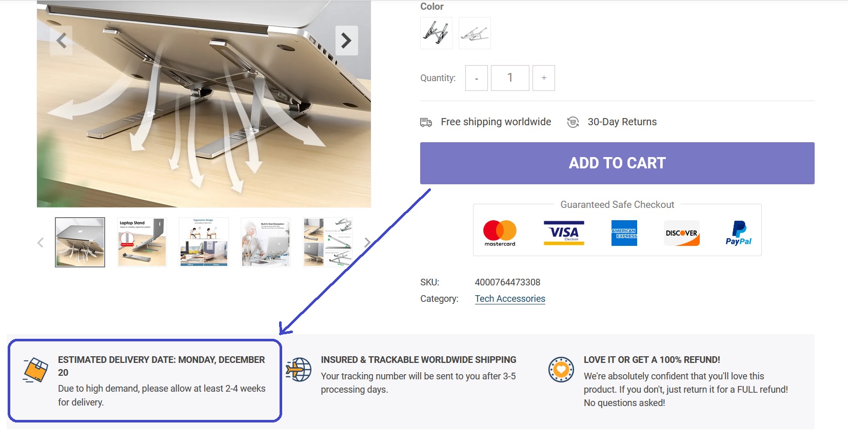 Screenshot indicating where to locate estimates for delivery date.