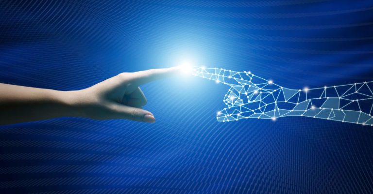 Human hand touching a hand hologram.