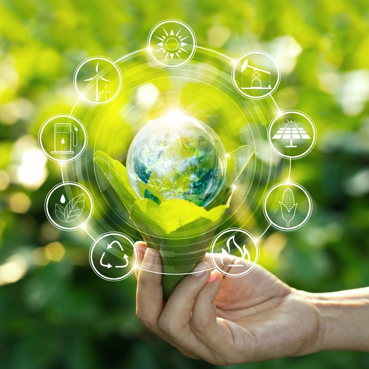 Human holding a world hologram surrounded by energy spheres concepts.