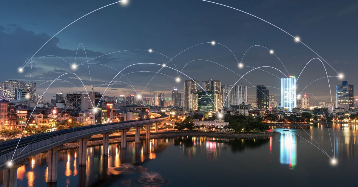 Portrait of a city showing imaginary networking communications.