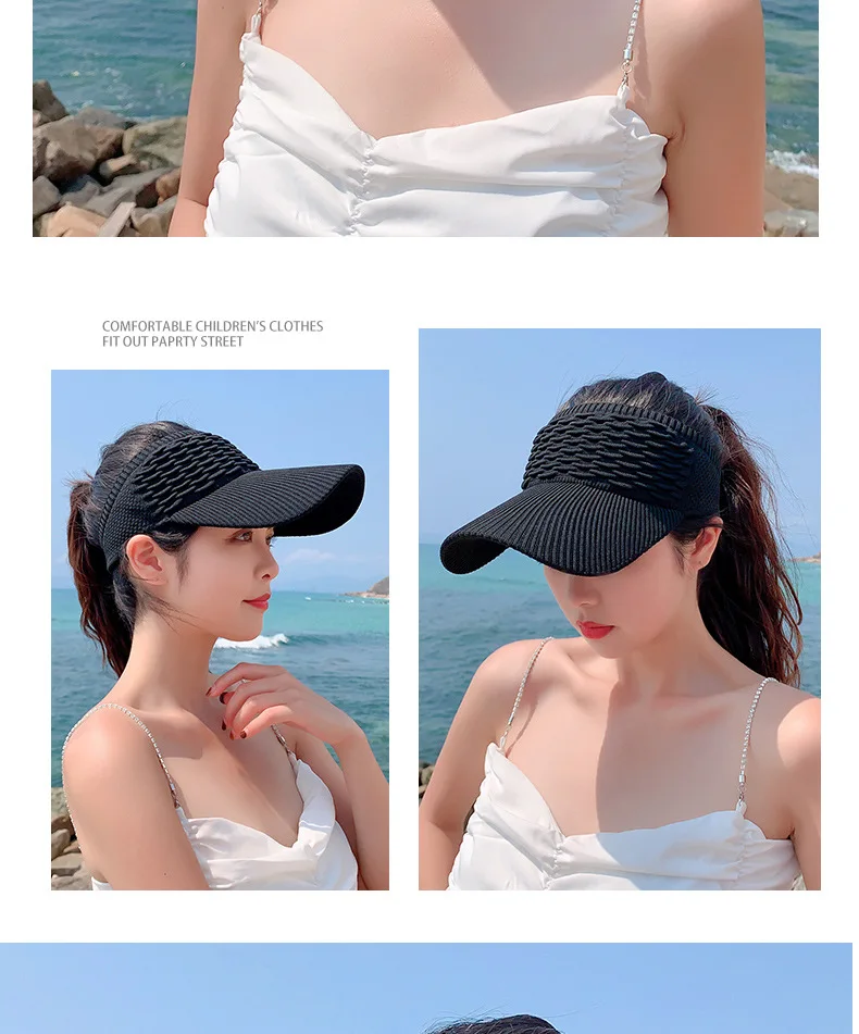Fashion Folds Design Women Empty Top Hat Summer Solid Color Large Brim Sunscreen Hat Outdoor Elastic Fabric Sports Sun Cap