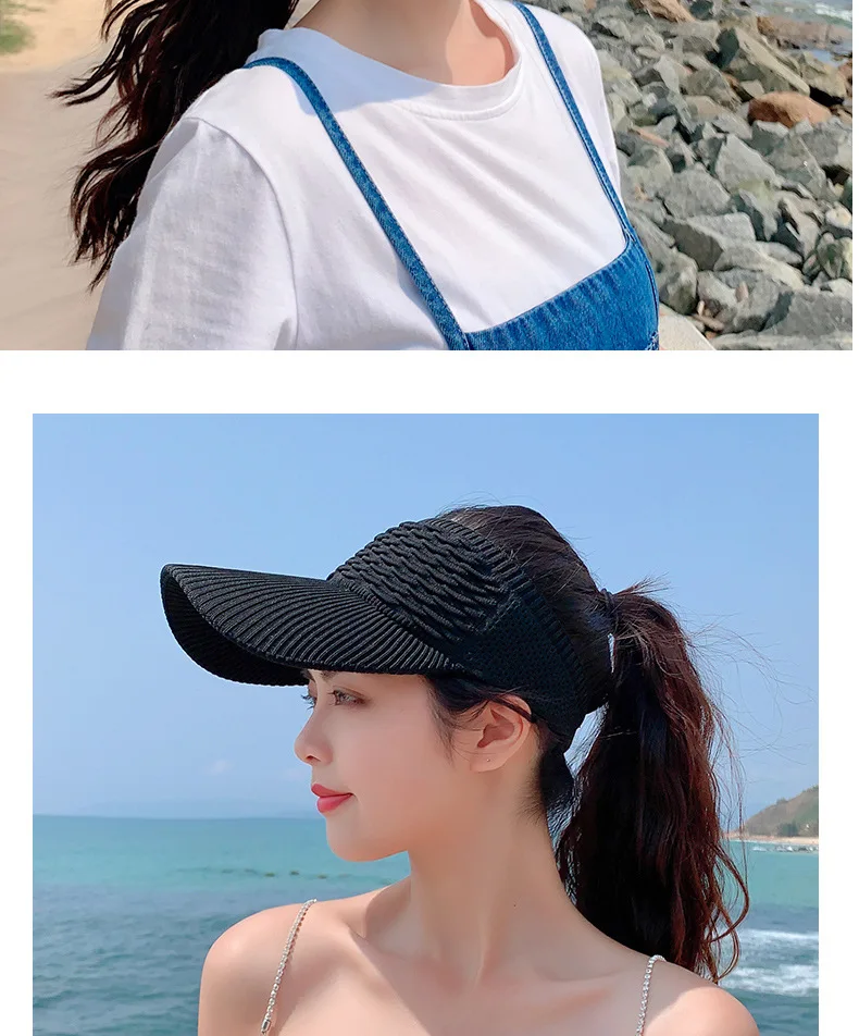 Fashion Folds Design Women Empty Top Hat Summer Solid Color Large Brim Sunscreen Hat Outdoor Elastic Fabric Sports Sun Cap