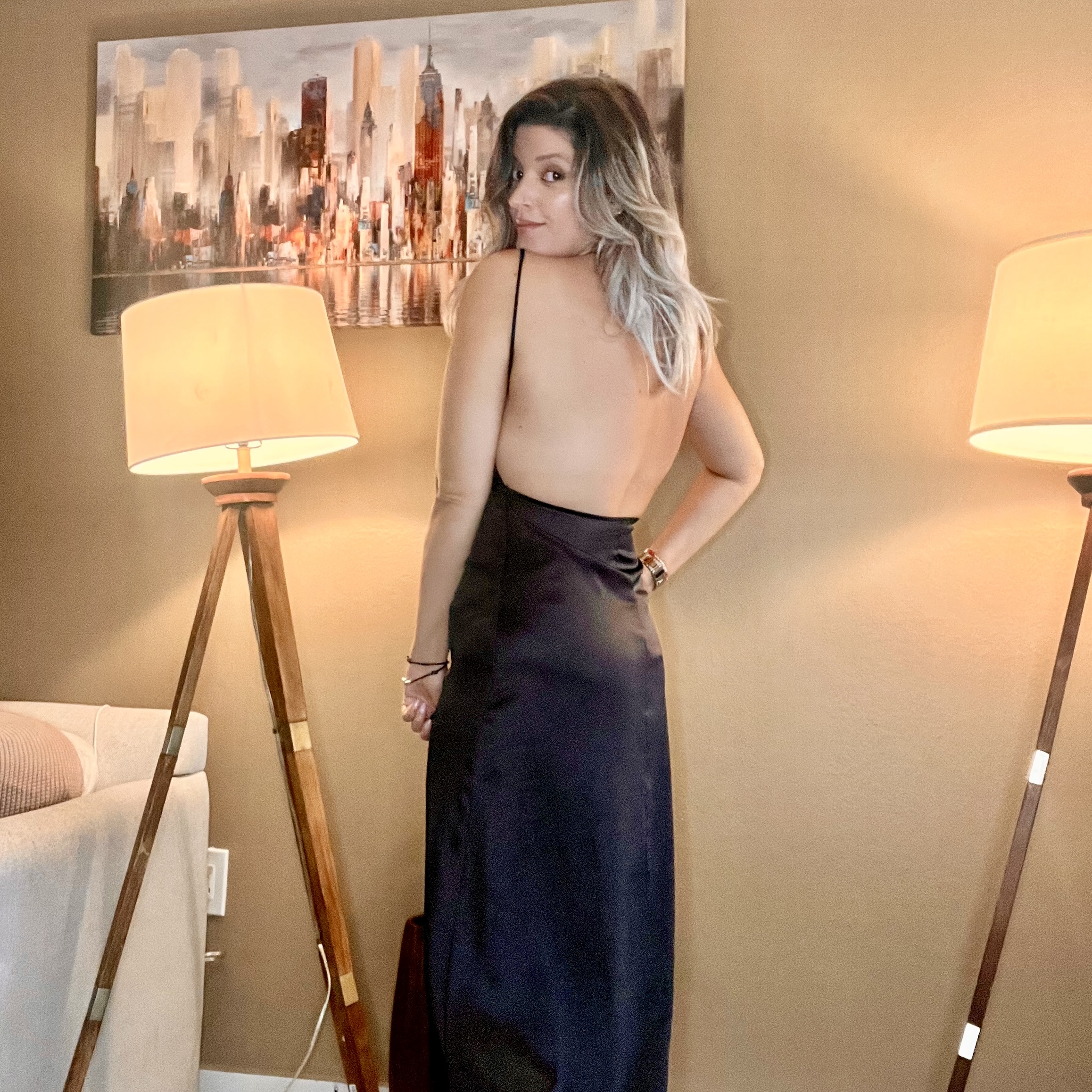 Portrait of Laura wearing a Women Vintage V Neck Sleeveless Long Dress.