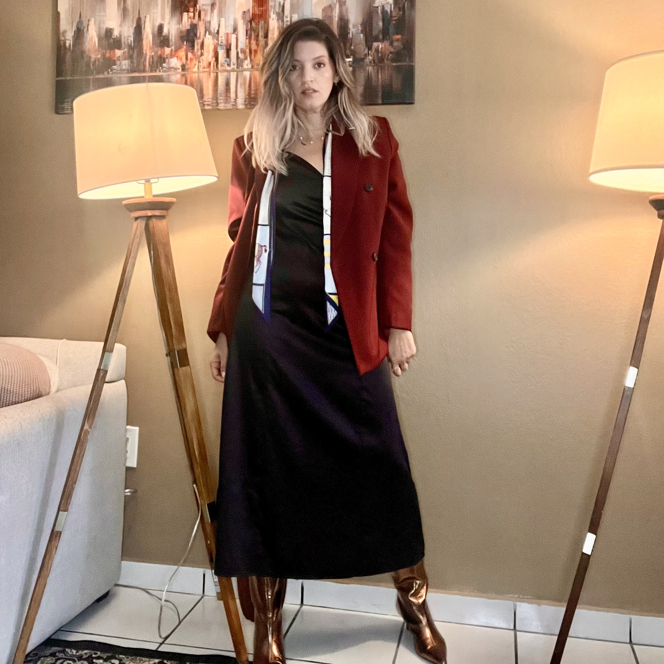 Portrait of Laura wearing a Women Vintage V Neck Sleeveless Long Dress.