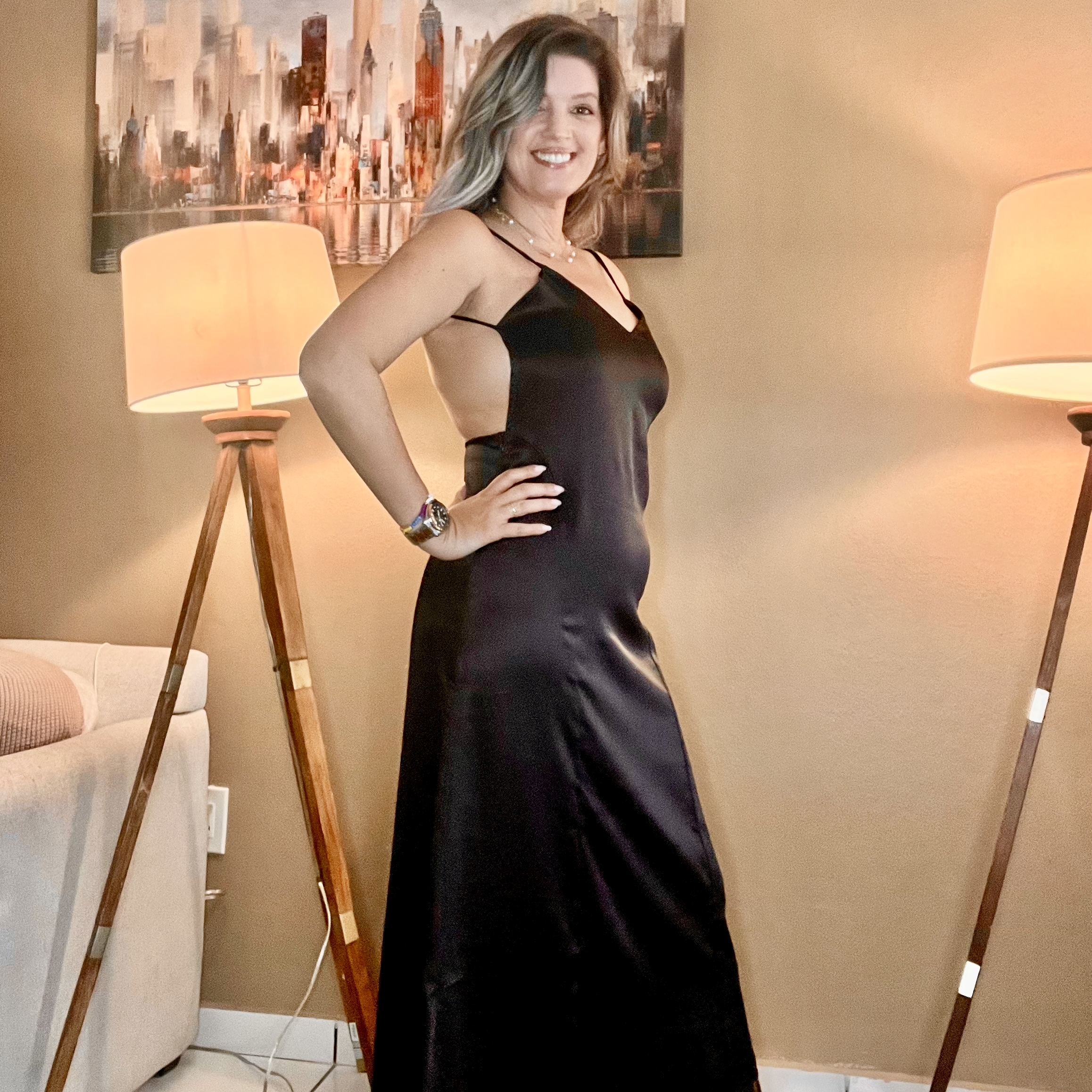 Portrait of Laura wearing a Women Vintage V Neck Sleeveless Long Dress.