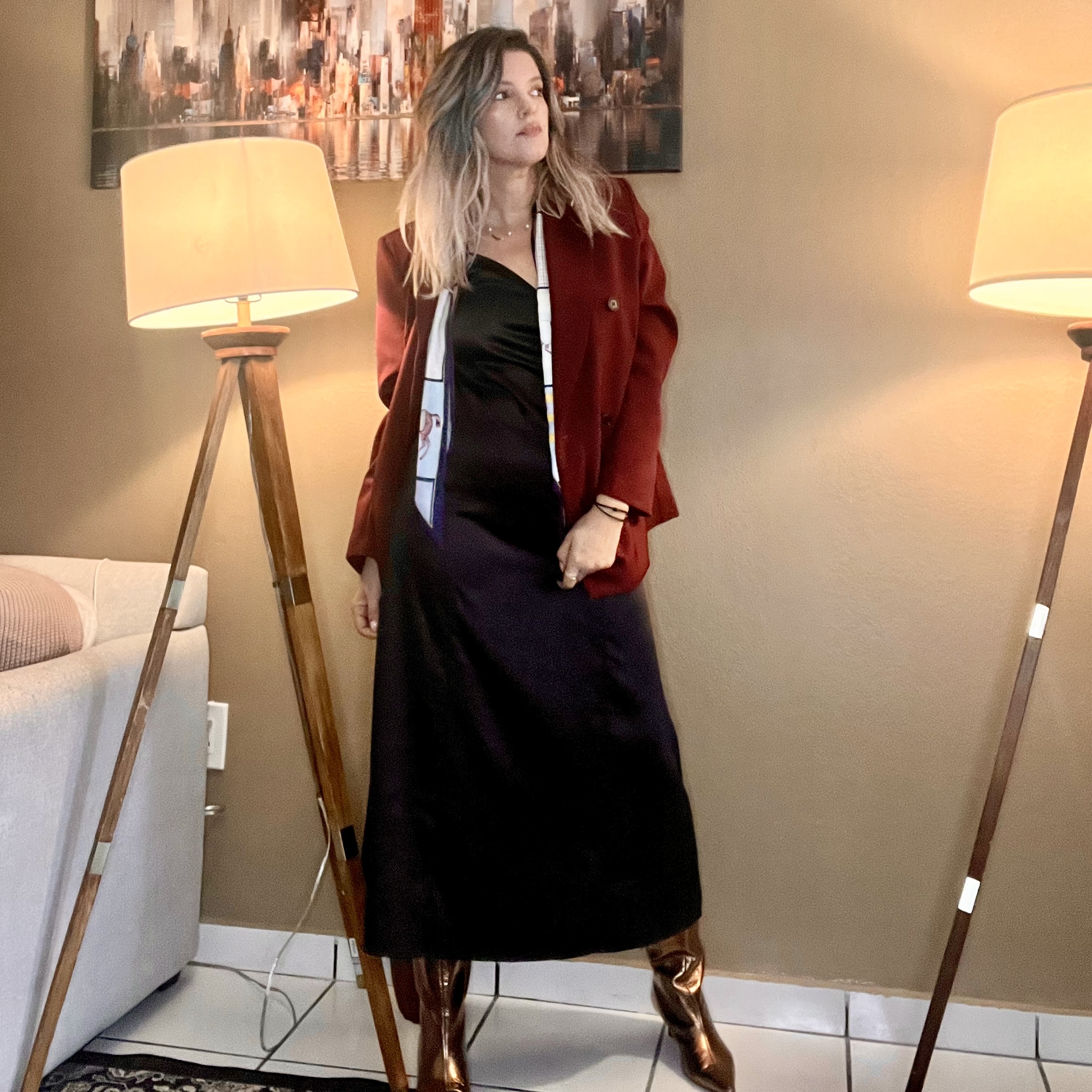 Portrait of Laura wearing a Women Vintage V Neck Sleeveless Long Dress.