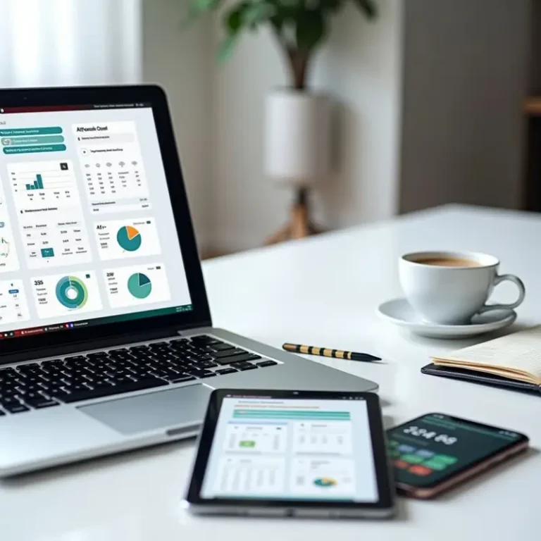 Modern workspace with multiple devices showing AI budgeting tools.