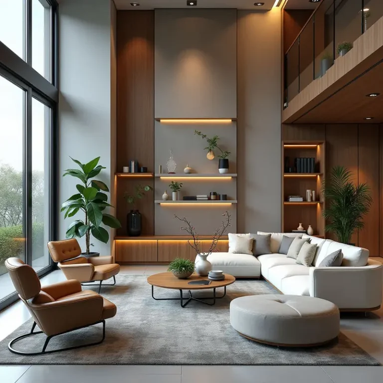 A smart, eco-friendly living room showcasing the integration of AI in modern home decor.