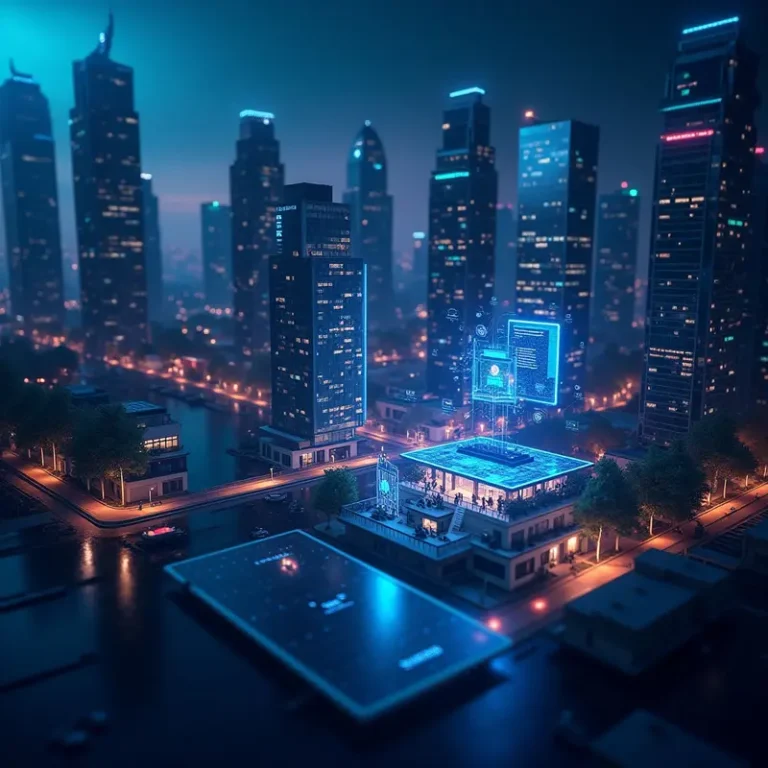 Futuristic city with AI-integrated small businesses using digital marketing tools