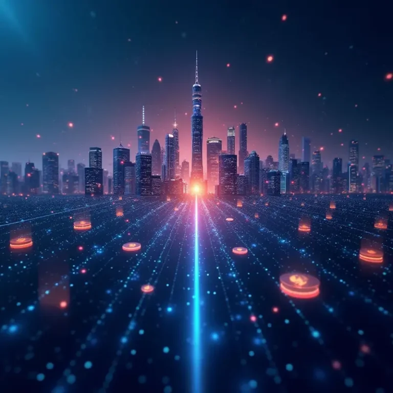 A modern city with digital currency streams symbolizing the rise of stablecoins in finance.