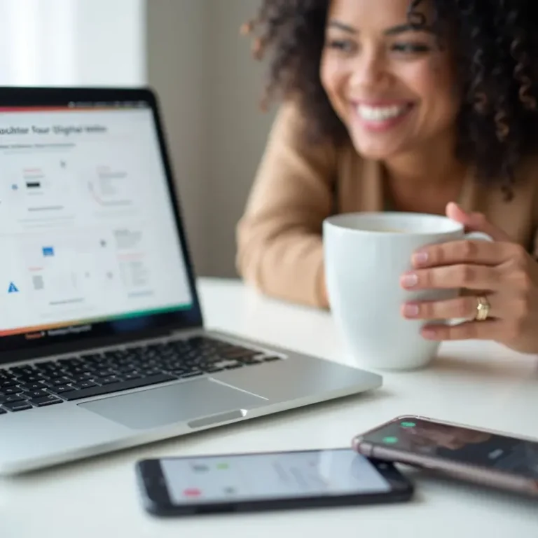 A professional enjoying a clean workspace with digitally decluttered devices, symbolizing modern productivity and wellness.
