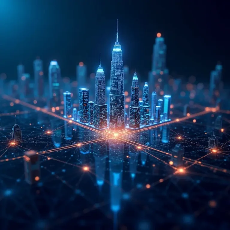 Futuristic cityscape representing the integration of AI and decentralized systems in finance.