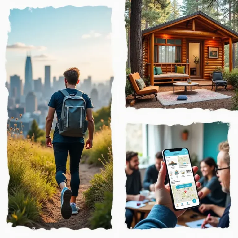 Cover image showing a professional enjoying a scenic hike, relaxing in a cabin, and planning adventures via a mobile app.