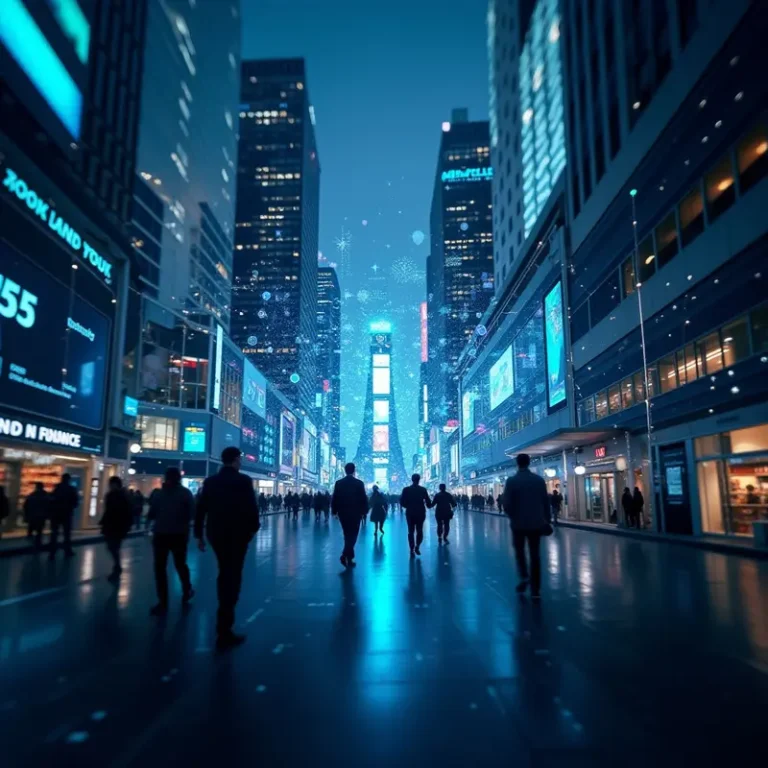 Financial district with AI data holograms representing technology integration.