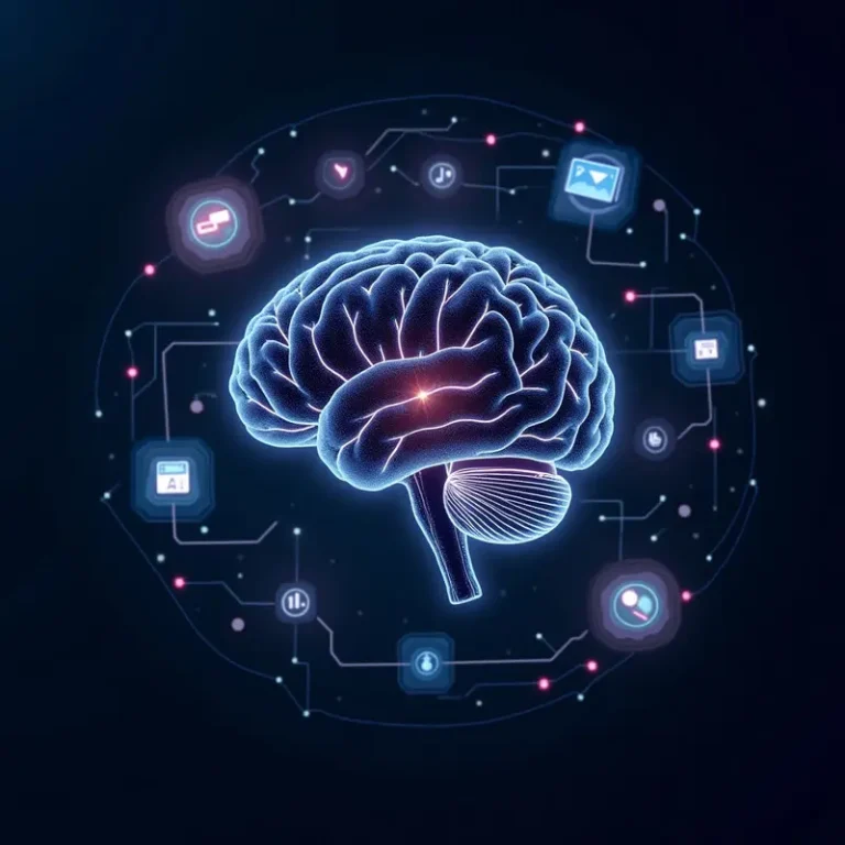 A digital representation of an AI brain integrating various data types, showcasing GPT-5's capabilities.