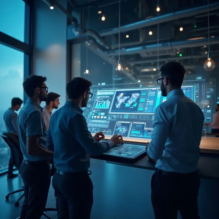 Entrepreneurs in an office planning using digital interfaces with workflow visuals.
