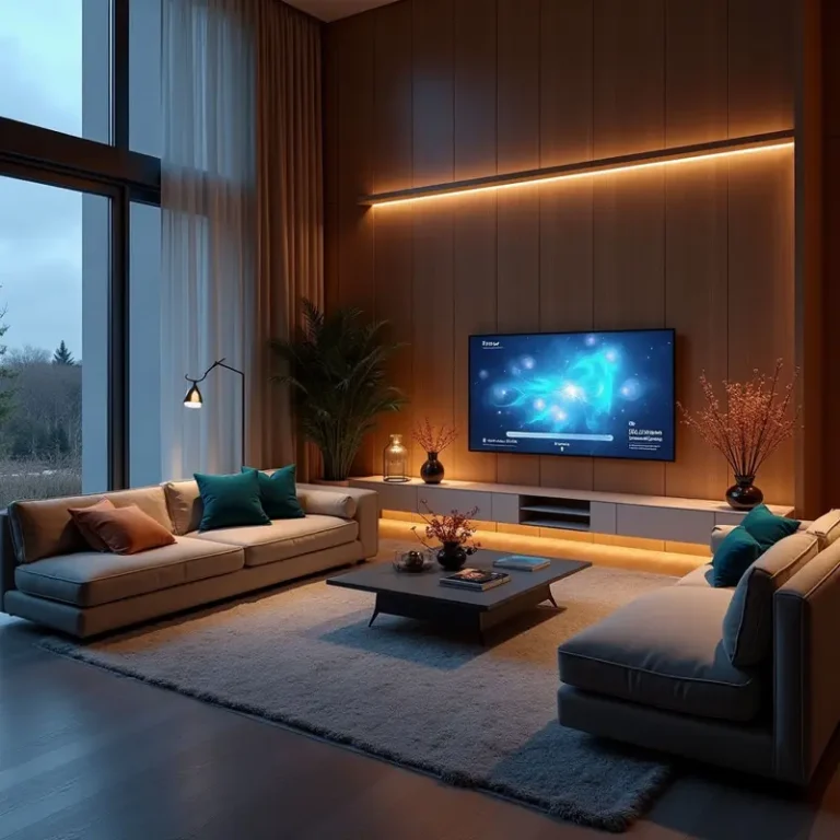 Modern living room with smart furniture, ambient lighting, and sustainable materials.