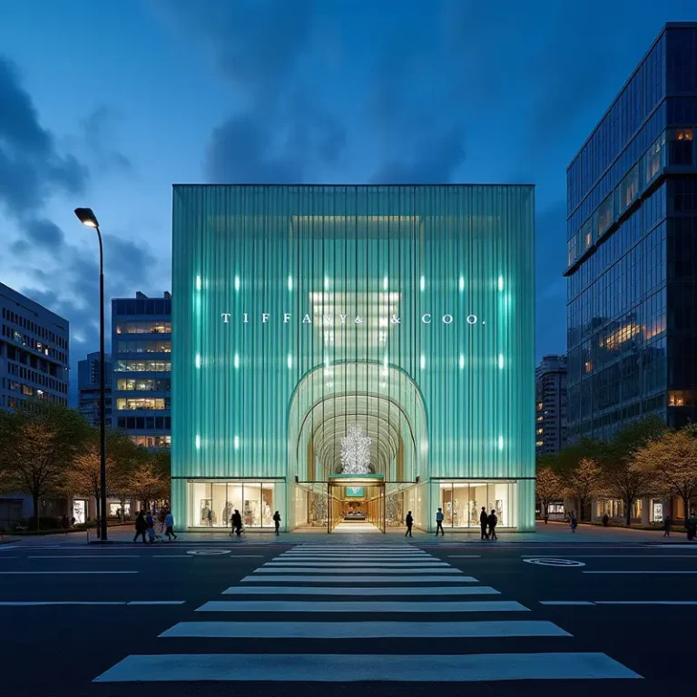 Panoramic view of Tiffany's Tokyo flagship set against the city's skyline at dusk.