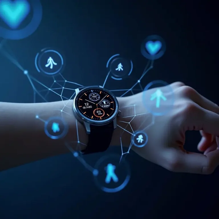 Galaxy Watch surrounded by virtual health metrics symbolizing wellness innovations.