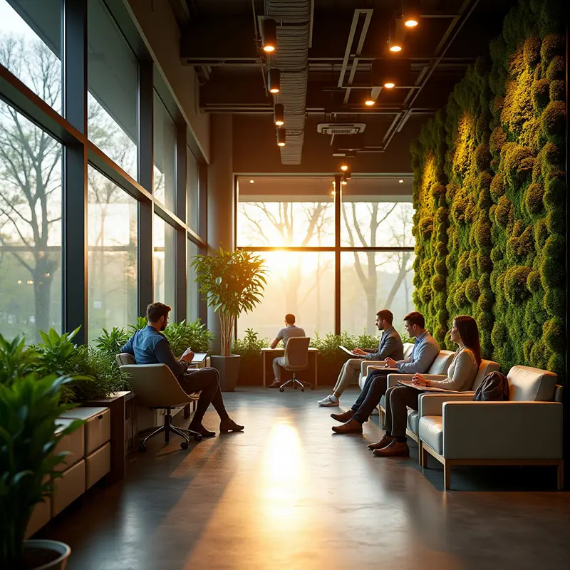 Biophilic lounge with dynamic circadian lighting designed for premium wellness spaces.