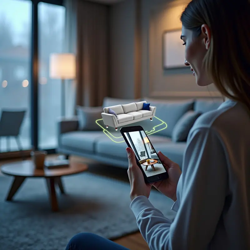 AR overlay of a sofa in a real room illustrates retail transformation.