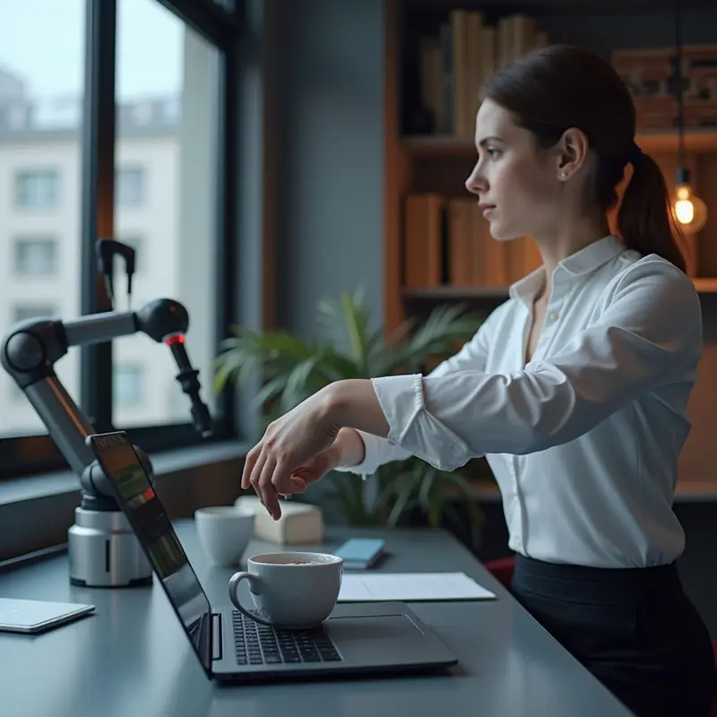 Robot arm delivers a coffee as AI schedules a micro‑break.
