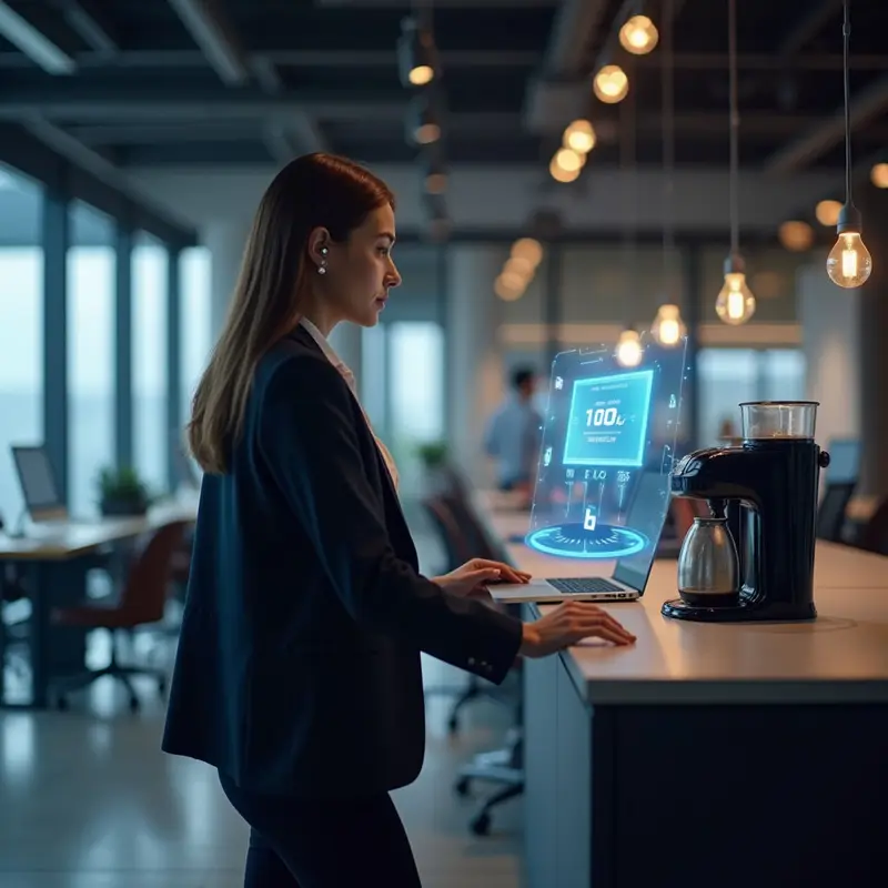 Agent taking a scheduled AI‑prompted micro‑break in a contemporary office.