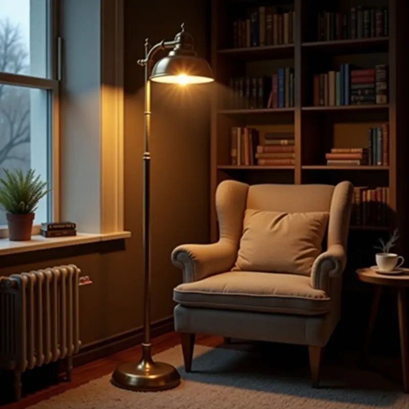 Antique gold floor lamp illuminating a cozy corner.
