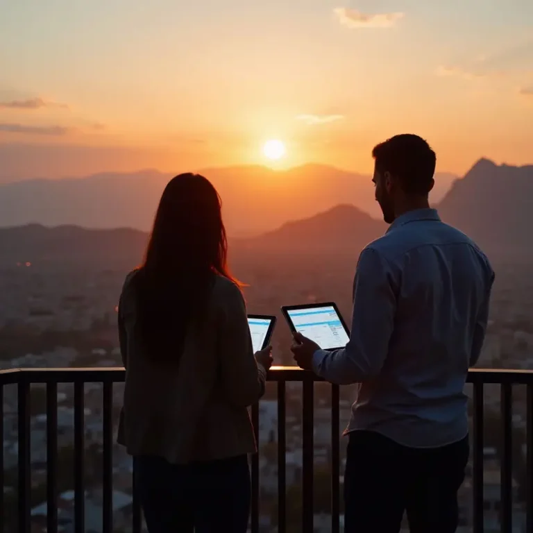 A couple holding tablets showing an AI travel planning itinerary, smiling as they prepare for a stress‑free trip.