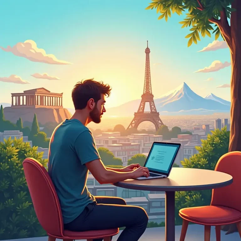 A digital nomad working on a laptop at a café, surrounded by silhouettes of global landmarks, symbolizing remote work visas in 2025.