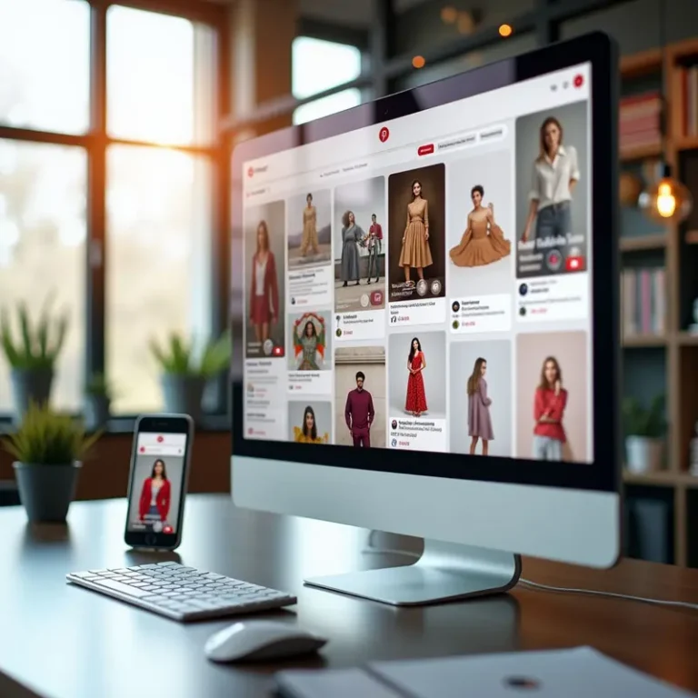 A sleek office scene with a monitor and phone displaying Pinterest Where-to-Buy Links for E-commerce, representing powerful conversion potential.