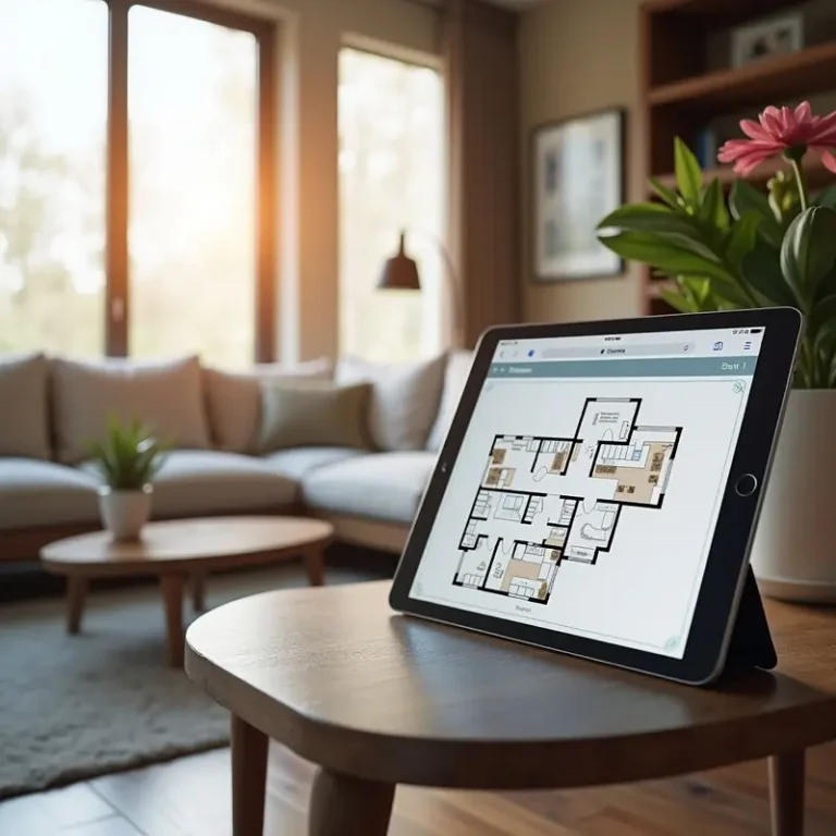 A modern living room showcases home decor workflow automation as a tablet displays a 3D design, highlighting effortless measuring and sourcing.