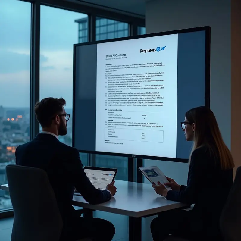 Regulators and traveler reviewing ethical AI itinerary.