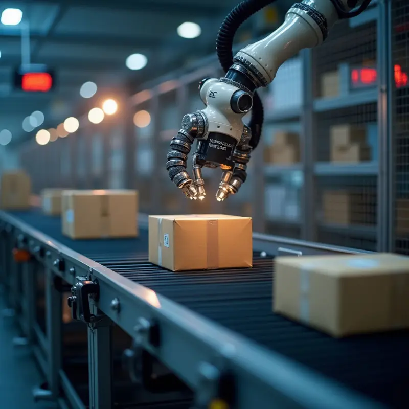 Robotic arm sorts parcels quickly and accurately.