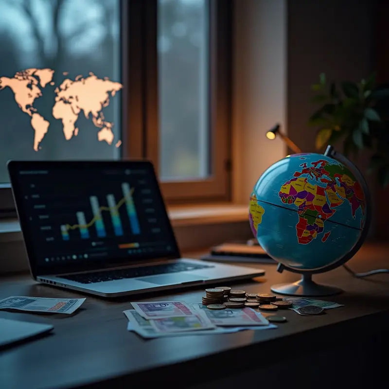 Desk scene showing currencies and laptop, symbolizing worldwide tax considerations for digital nomad visas.