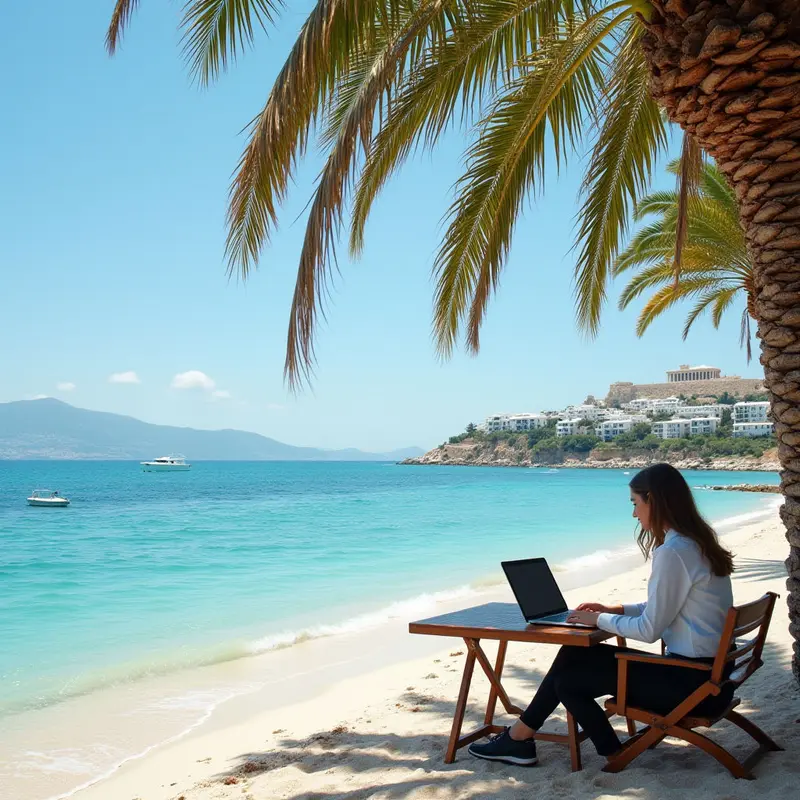 Remote worker enjoying Greece’s sunlit coast, reflecting the 2025 visa advantages.