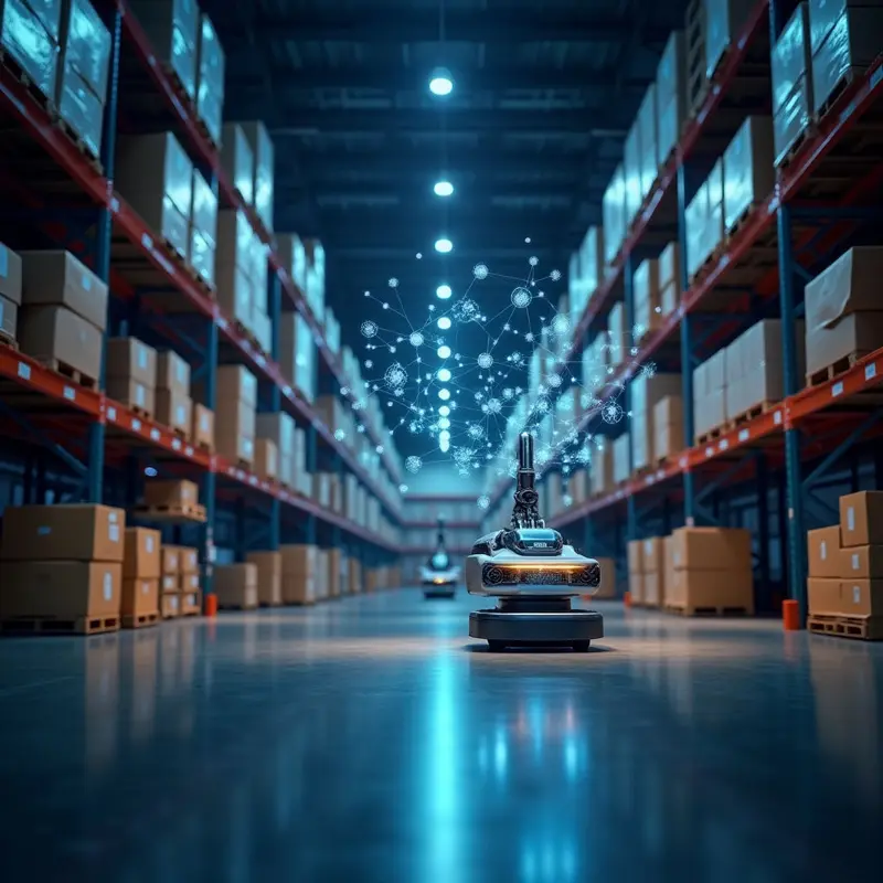 Robotic warehouse streamlining e‑commerce transactions, illustrating AI‑DeFi fee reduction.