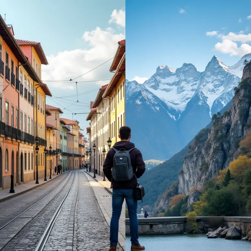 Traveler with laptop weighing Portugal and Andorra as top 2025 digital nomad visa choices.