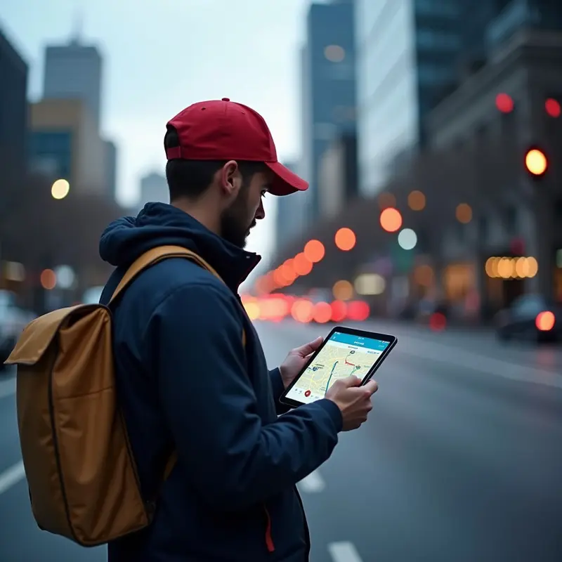 Driver using AI-optimized route on tablet to cut delivery delays.