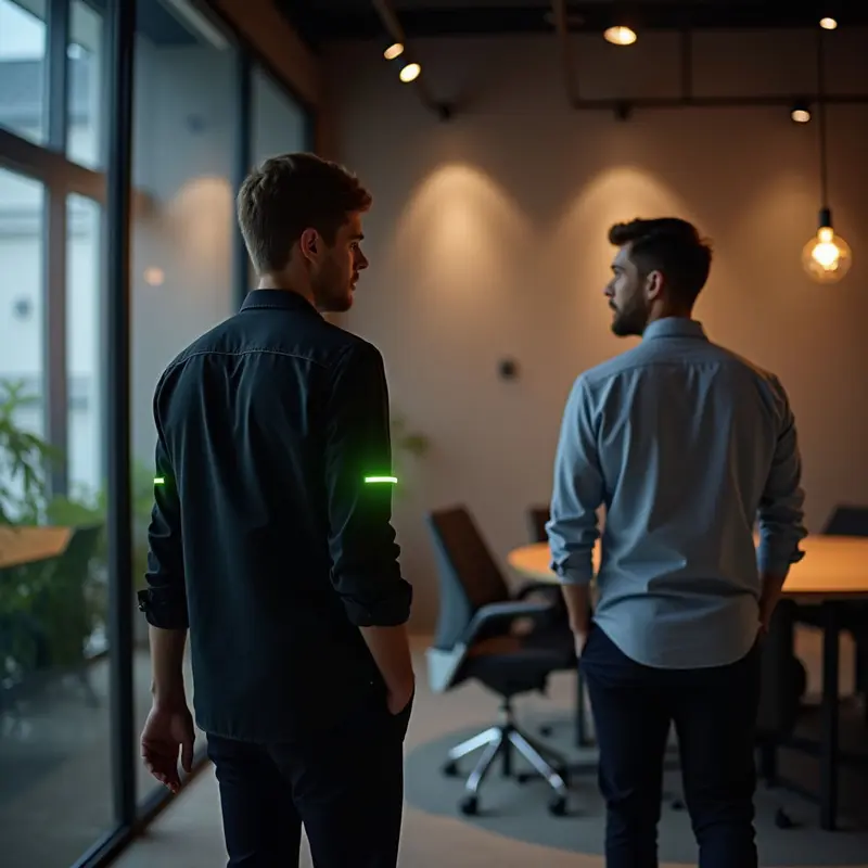 Team member notices a real‑time availability light and moves to a break space.