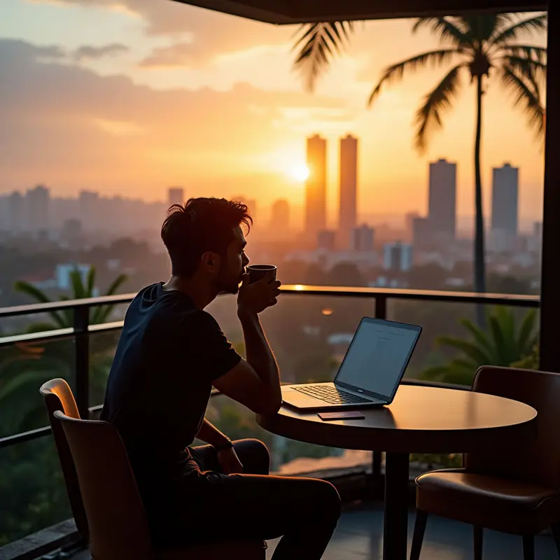 Rooftop view of a remote worker contemplating tax and legal aspects of Southeast Asian visas.