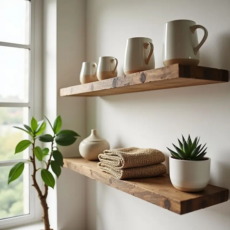 Reclaimed wood shelf showcasing sustainable, nostalgic decor tools.