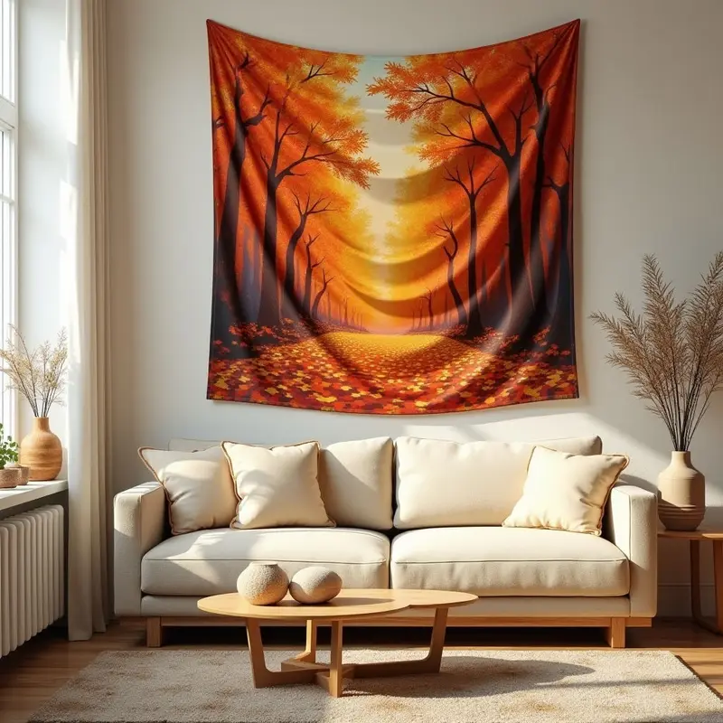 A vibrant tapestry draped over a wall, showcasing 2025 fall hues.