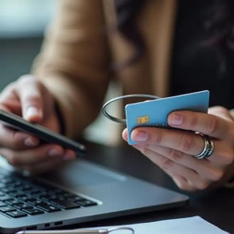 Hands examine a phone and card while a magnifying glass highlights verification.