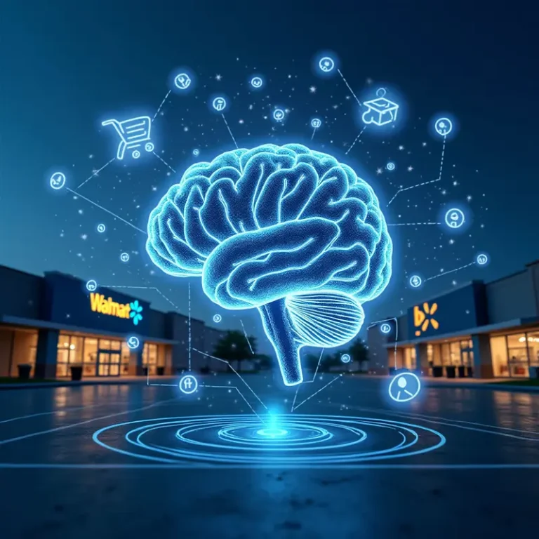 Walmart AI cash flow management for e‑commerce depicted with digital brain and cash flow visuals.